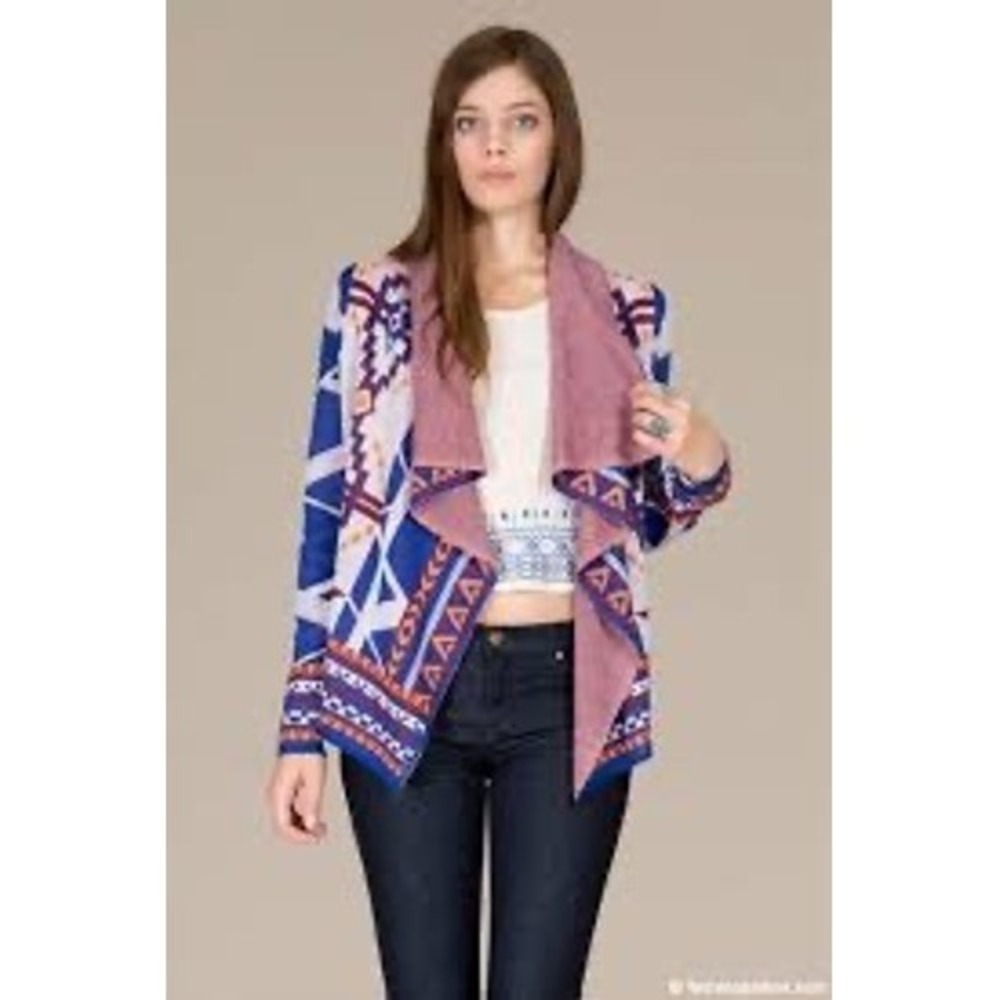 Flying Tomato Geometric Aztec Tribal Open Cardigan Sweater XL Blue Orange Boho